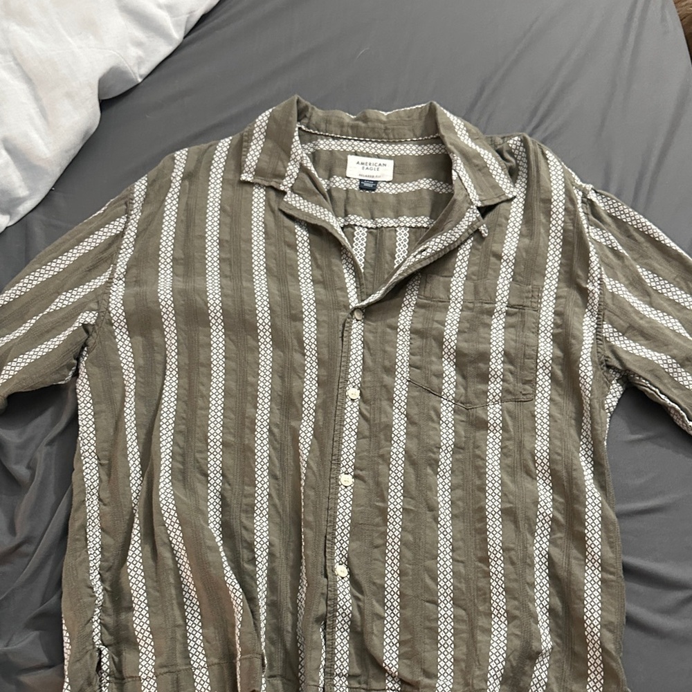 American Eagle Outfitters Green and White Striped Casual Shirt